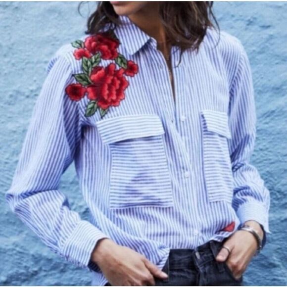 Rails Frances Banker Stripe with Floral Embroidery Patches Button Up Top Size Me - Picture 1 of 7
